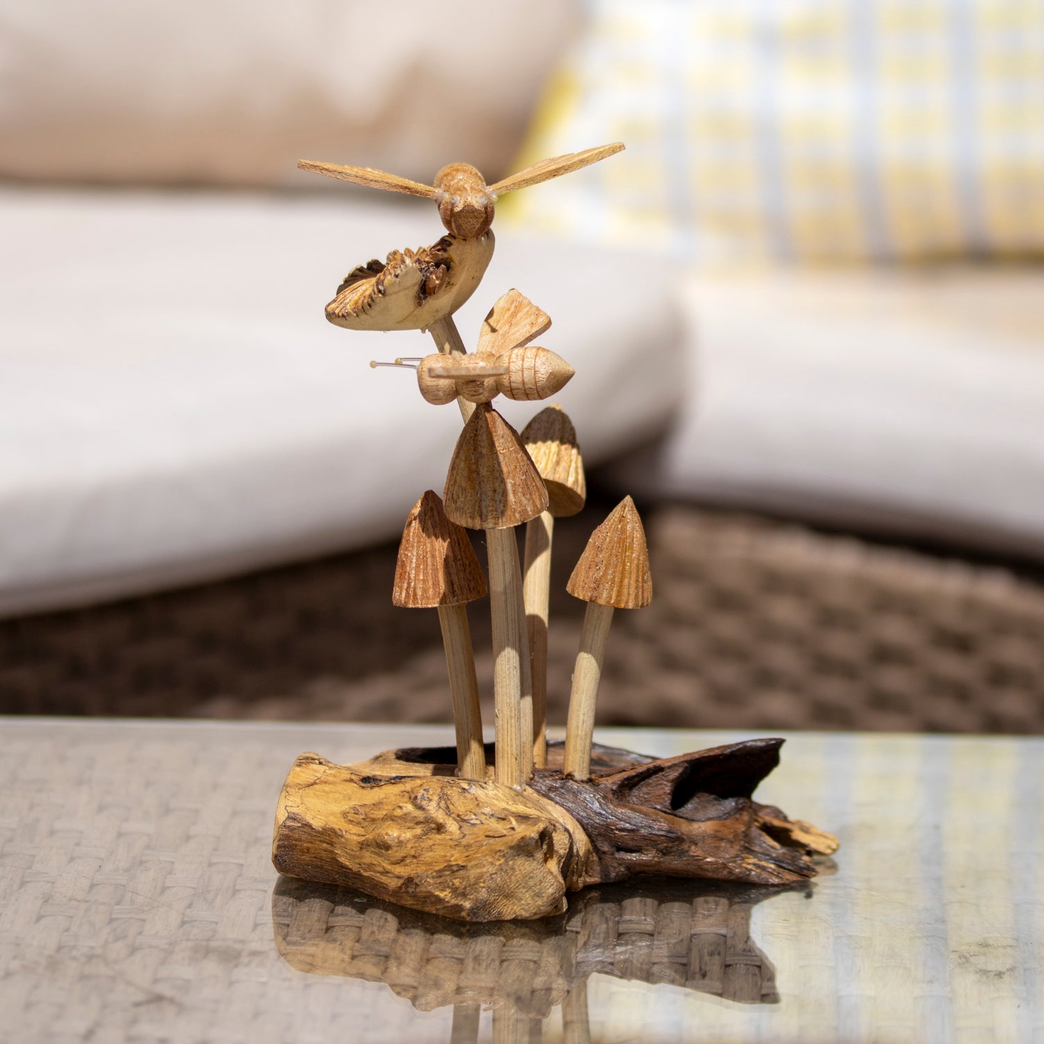 Mini Teak Root Bees On Mushrooms Sculpture