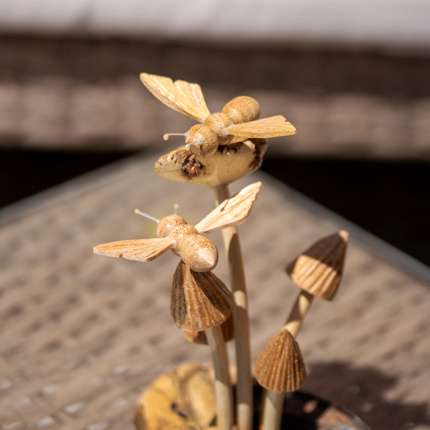 Mini Teak Root Bees On Mushrooms Sculpture