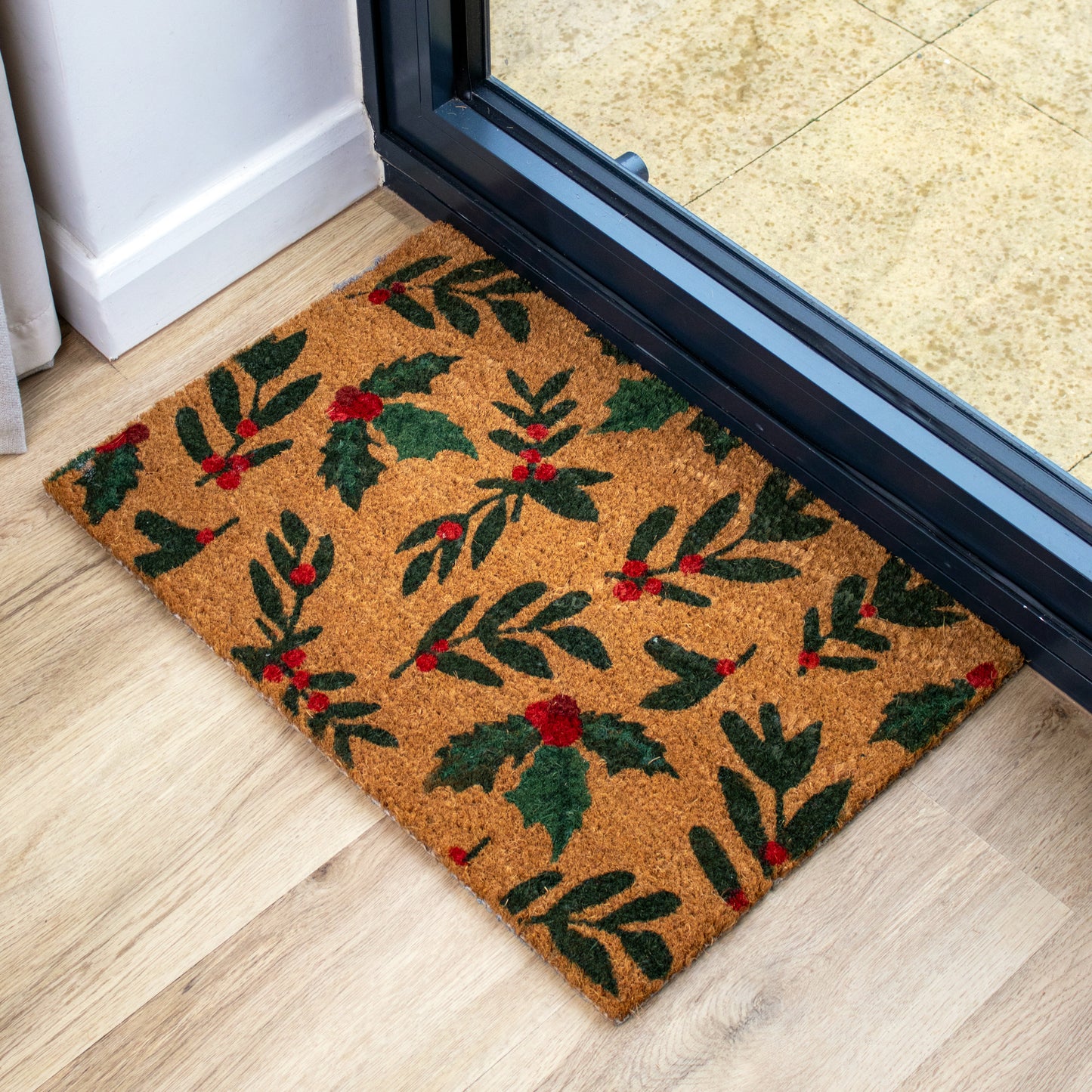 Christmas Holly Latex Backed Coir Doormat