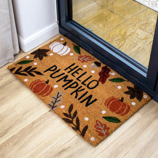 Hello Pumpkin Latex Backed Coir Doormat 45 x 75cm