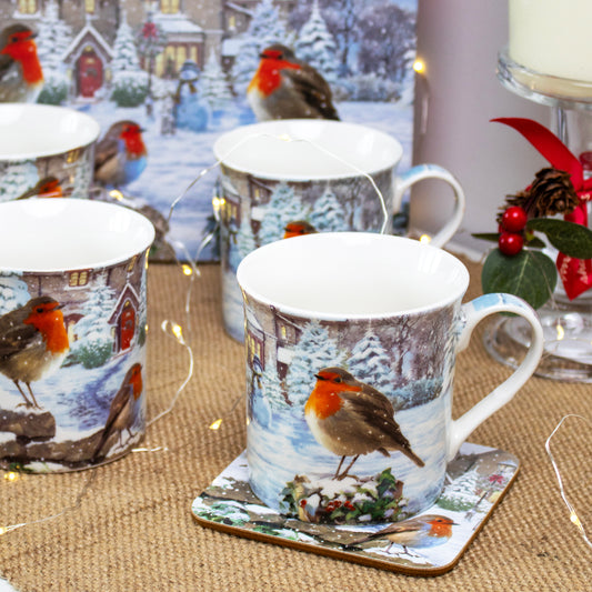 Set Of 4 Christmas Robins Mugs Giftboxed