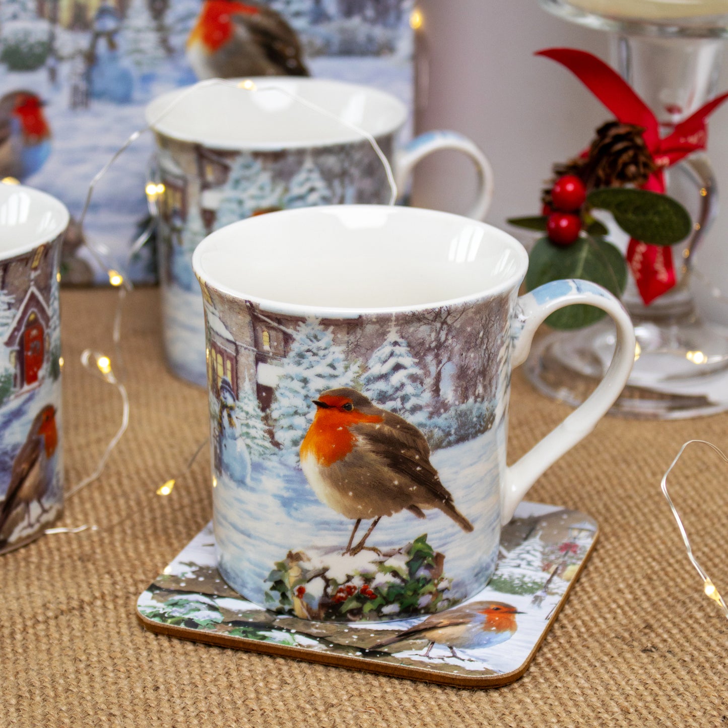 Set Of 4 Christmas Robins Mugs Giftboxed