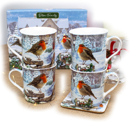 Set Of 4 Christmas Robins Mugs Giftboxed