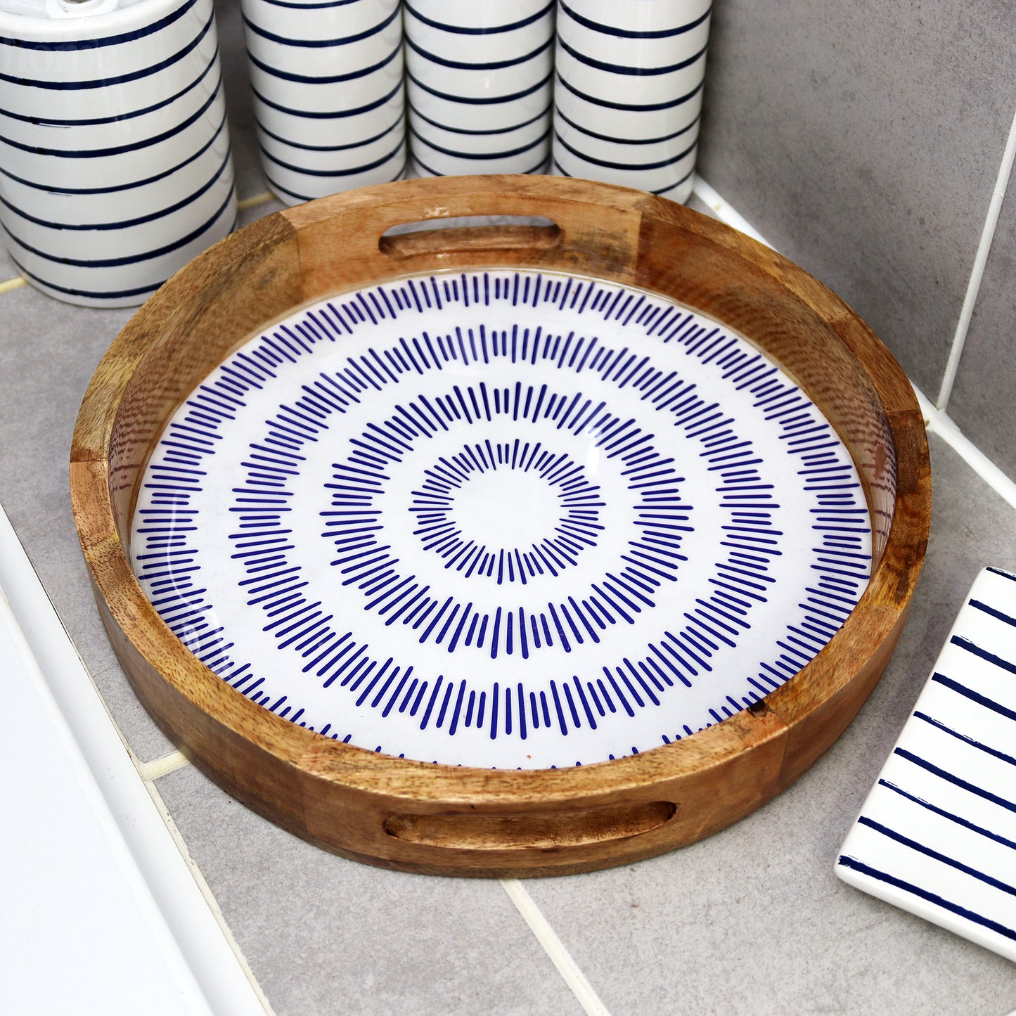 Enamelled Wood Striped Harbour Serving Tray