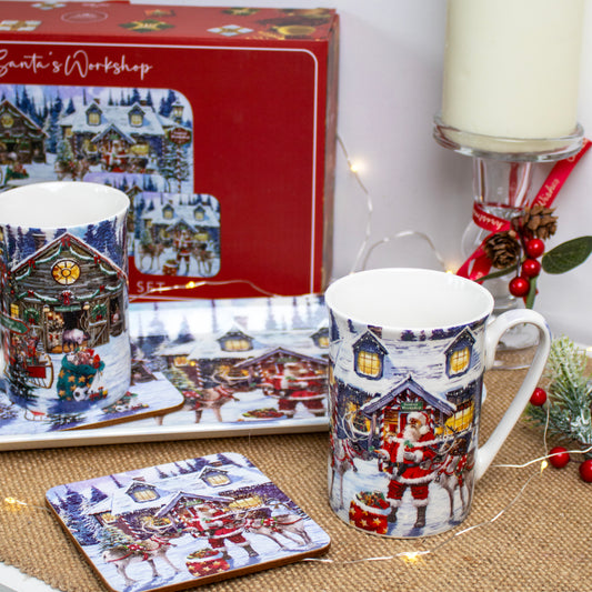 Santas Workshop 5 Piece Mugs Coaster & Tray Set