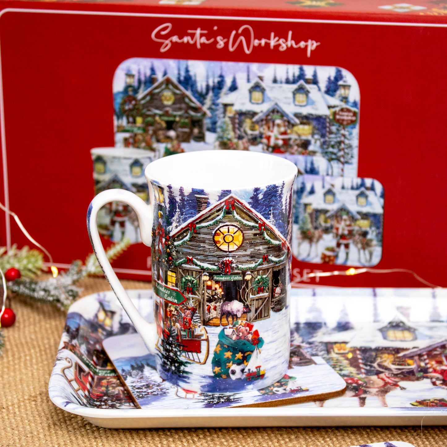 Santas Workshop 5 Piece Mugs Coaster & Tray Set