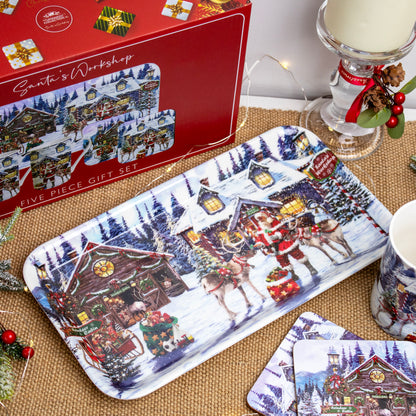 Santas Workshop 5 Piece Mugs Coaster & Tray Set