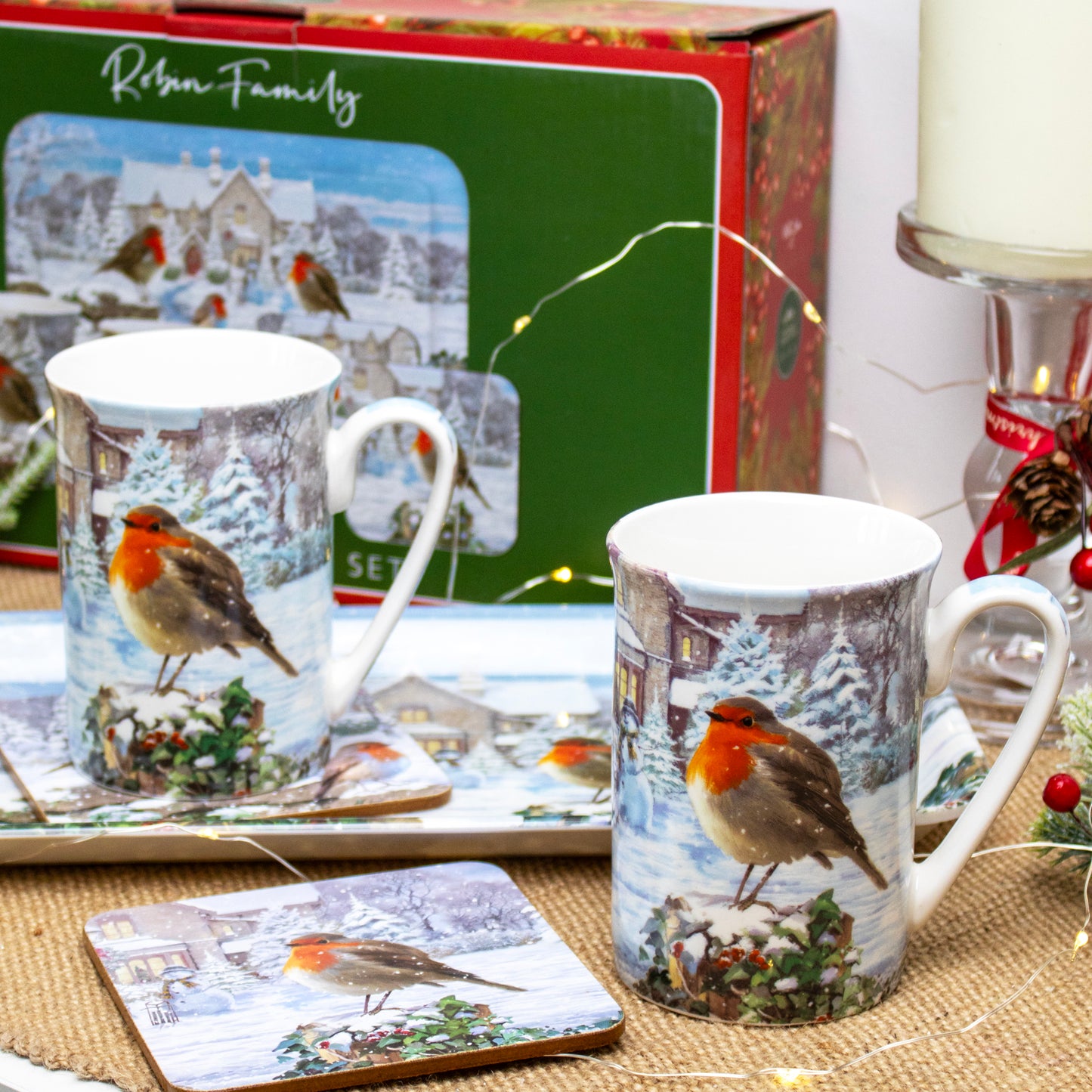 Christmas Robins 5 Piece Mugs Coaster & Tray Set