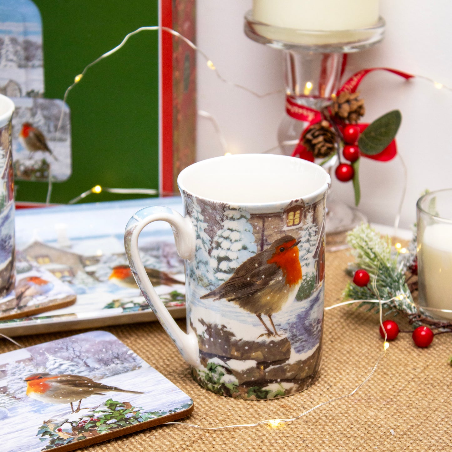 Christmas Robins 5 Piece Mugs Coaster & Tray Set