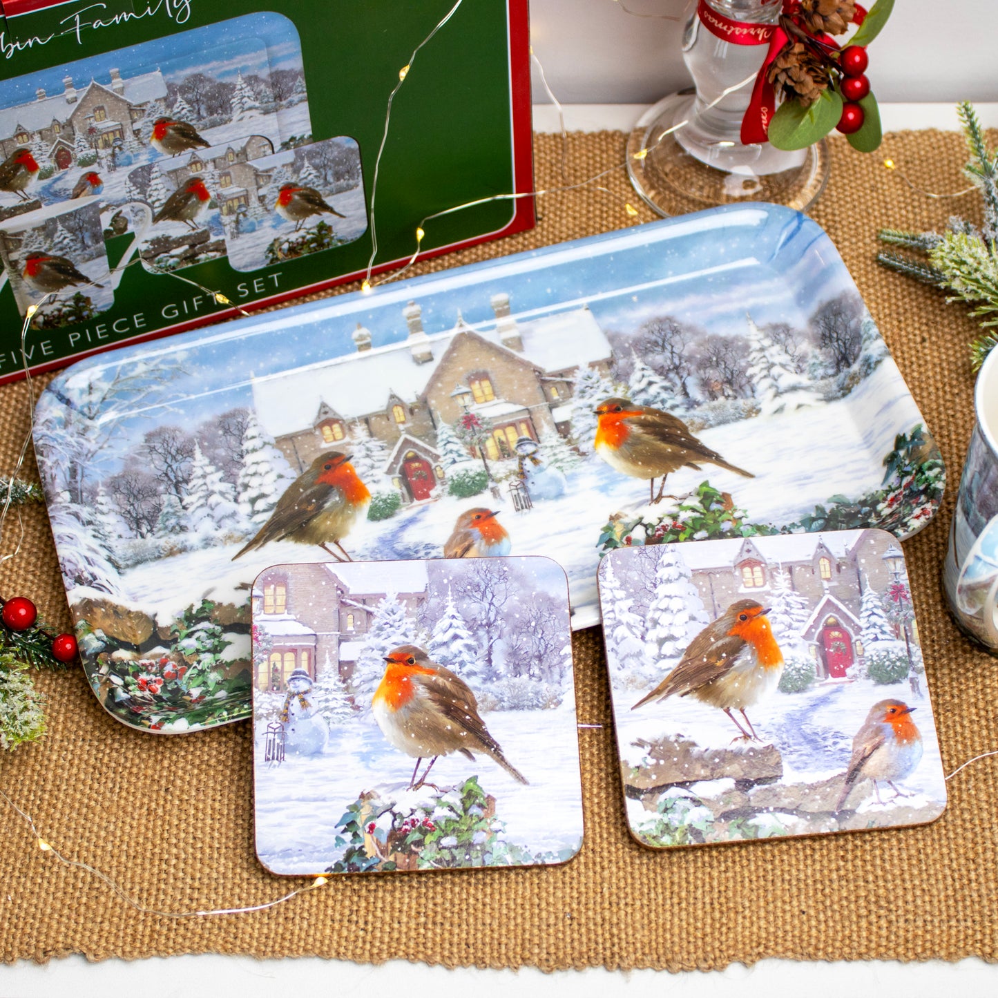 Christmas Robins 5 Piece Mugs Coaster & Tray Set