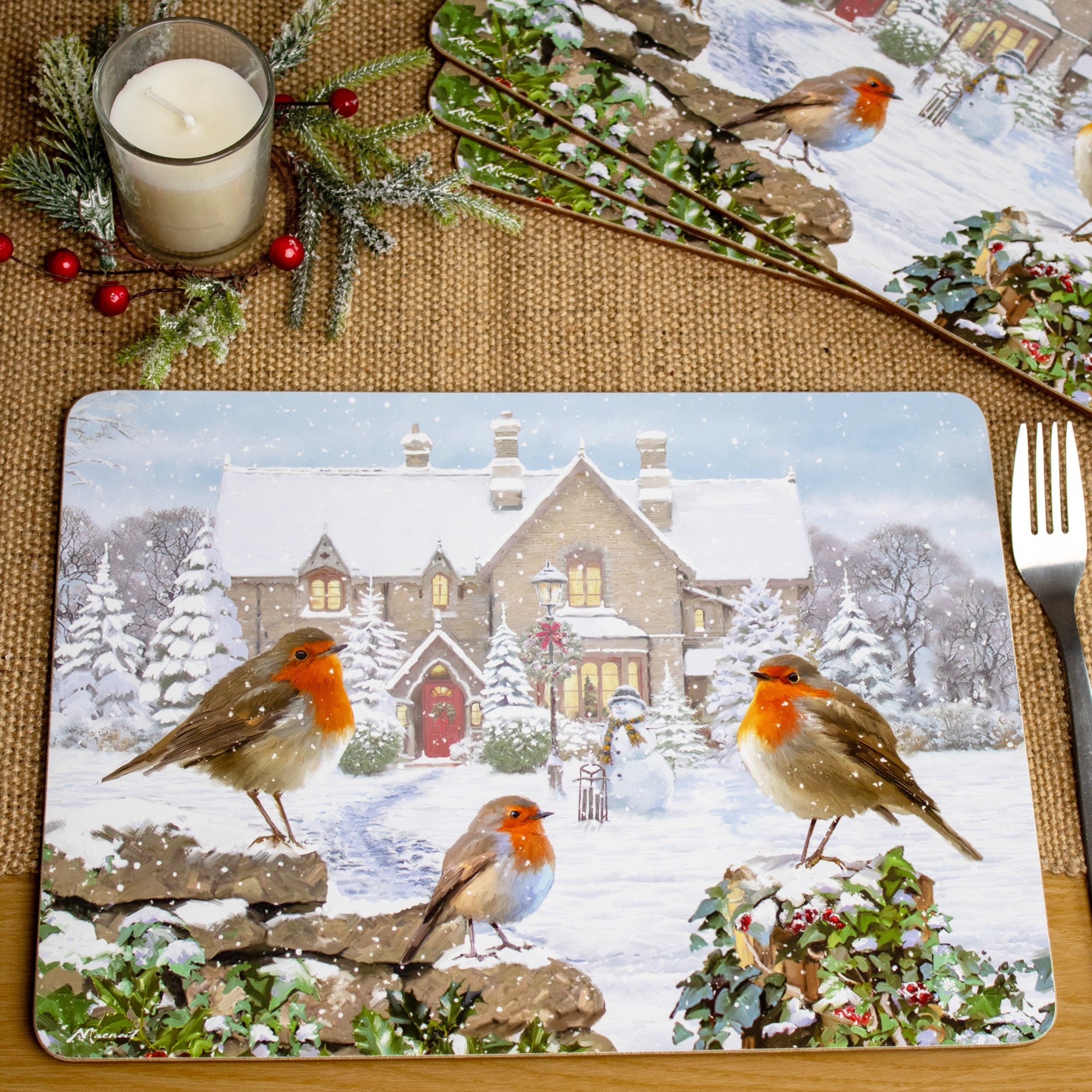 Set Of 4 Christmas Robins Placemat & Coaster Set