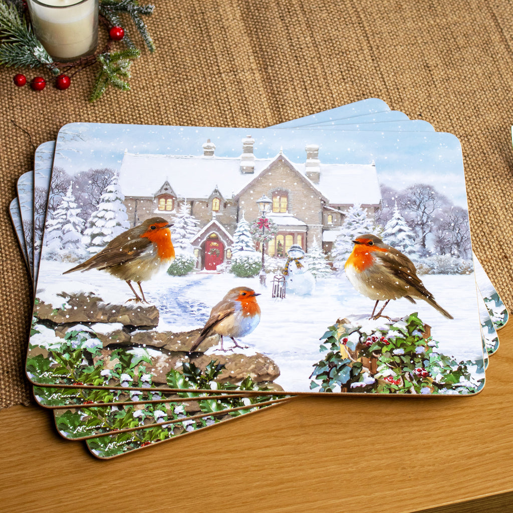 Set Of 4 Christmas Robins Placemat & Coaster Set