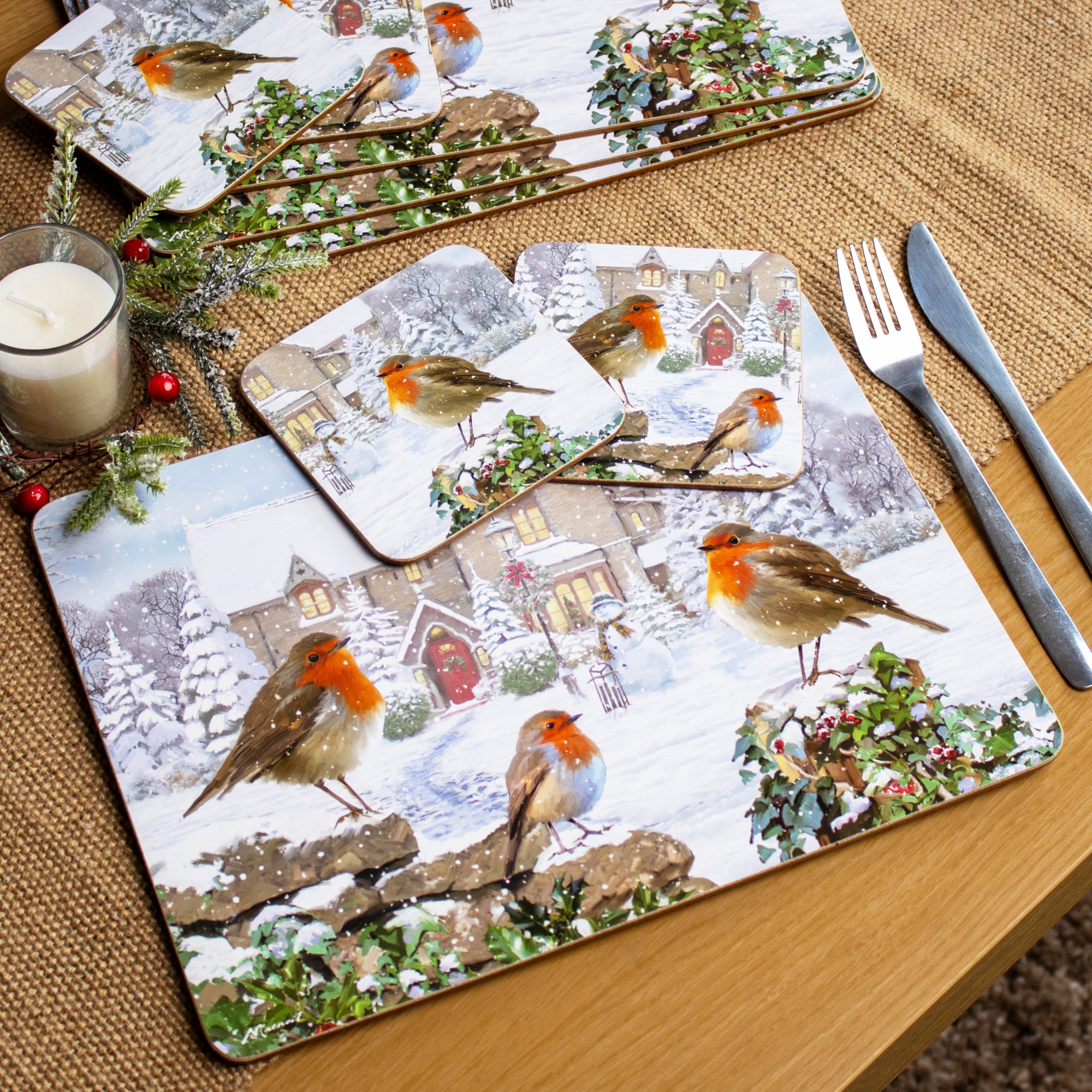 Set Of 4 Christmas Robins Placemat & Coaster Set