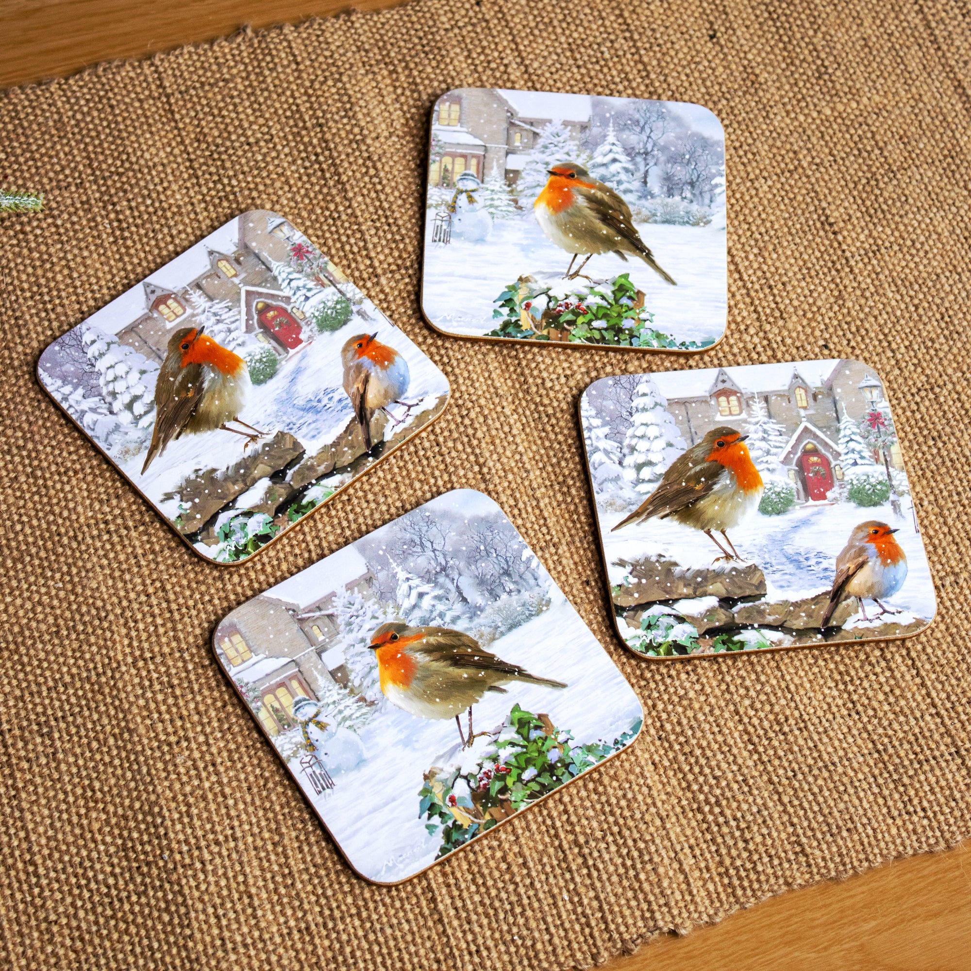 Set Of 4 Christmas Robins Placemat & Coaster Set