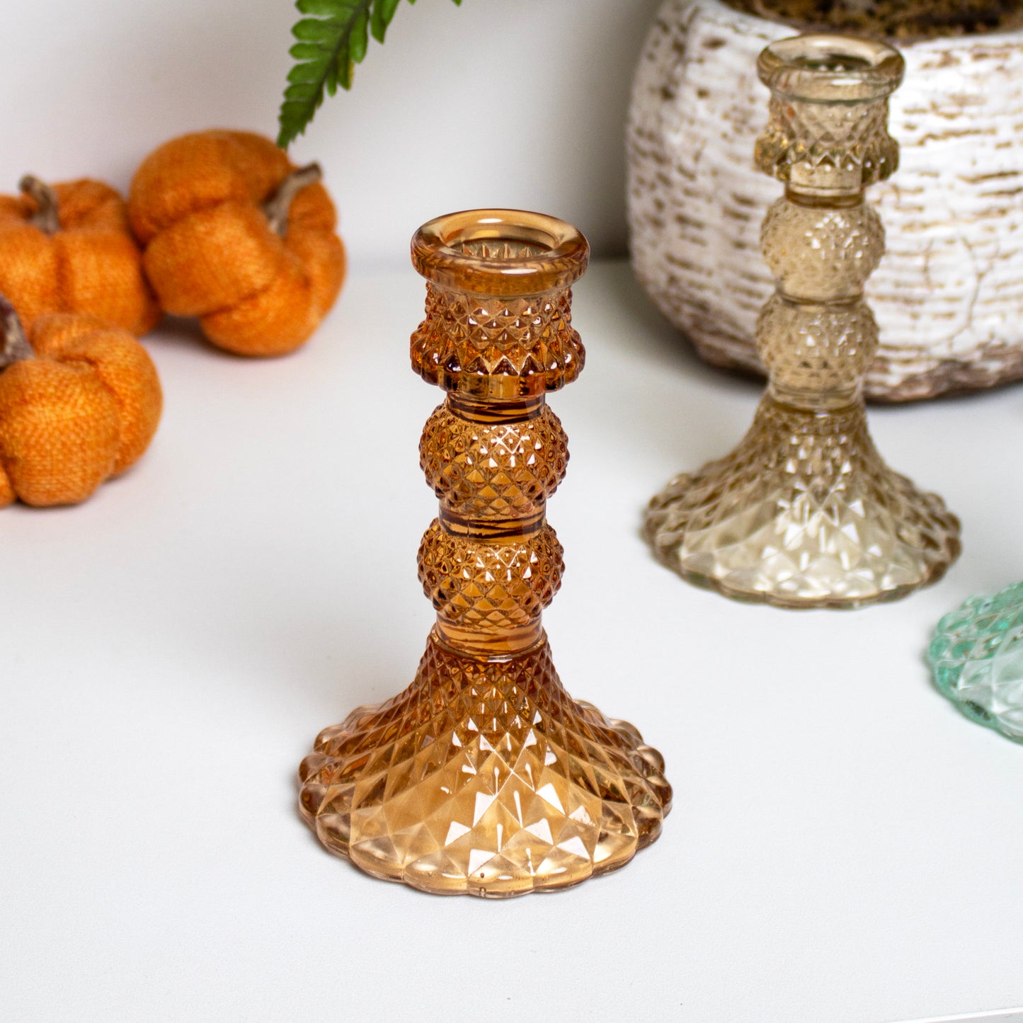 Set Of 3 Earthy Jewel Glass Candlestick Holders