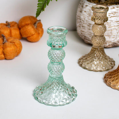 Set Of 3 Earthy Jewel Glass Candlestick Holders