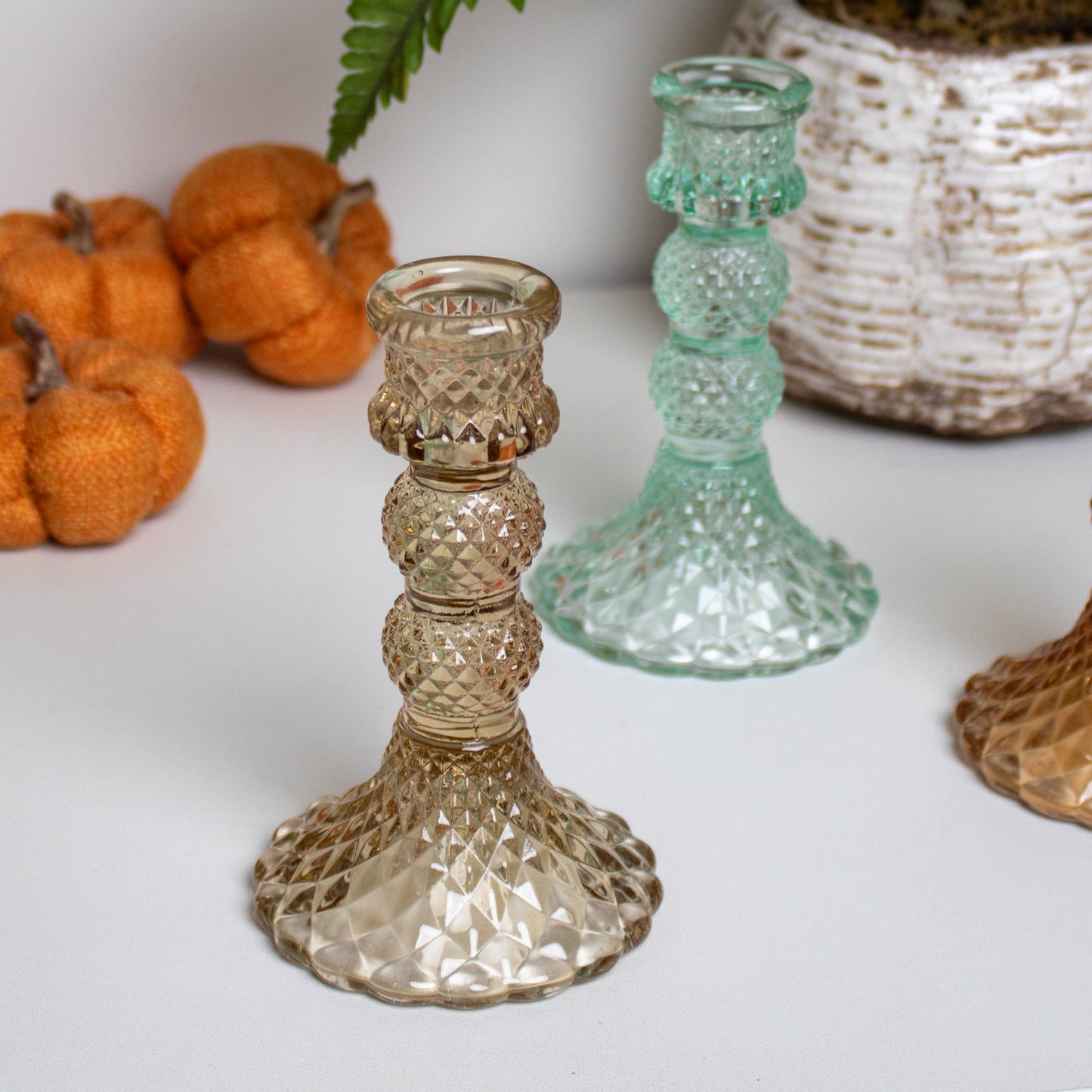 Set Of 3 Earthy Jewel Glass Candlestick Holders