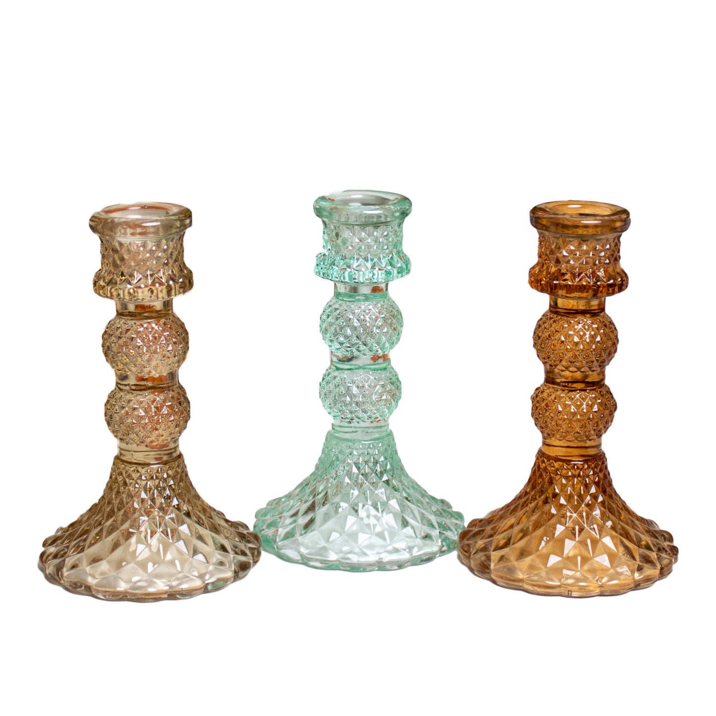 Set Of 3 Earthy Jewel Glass Candlestick Holders