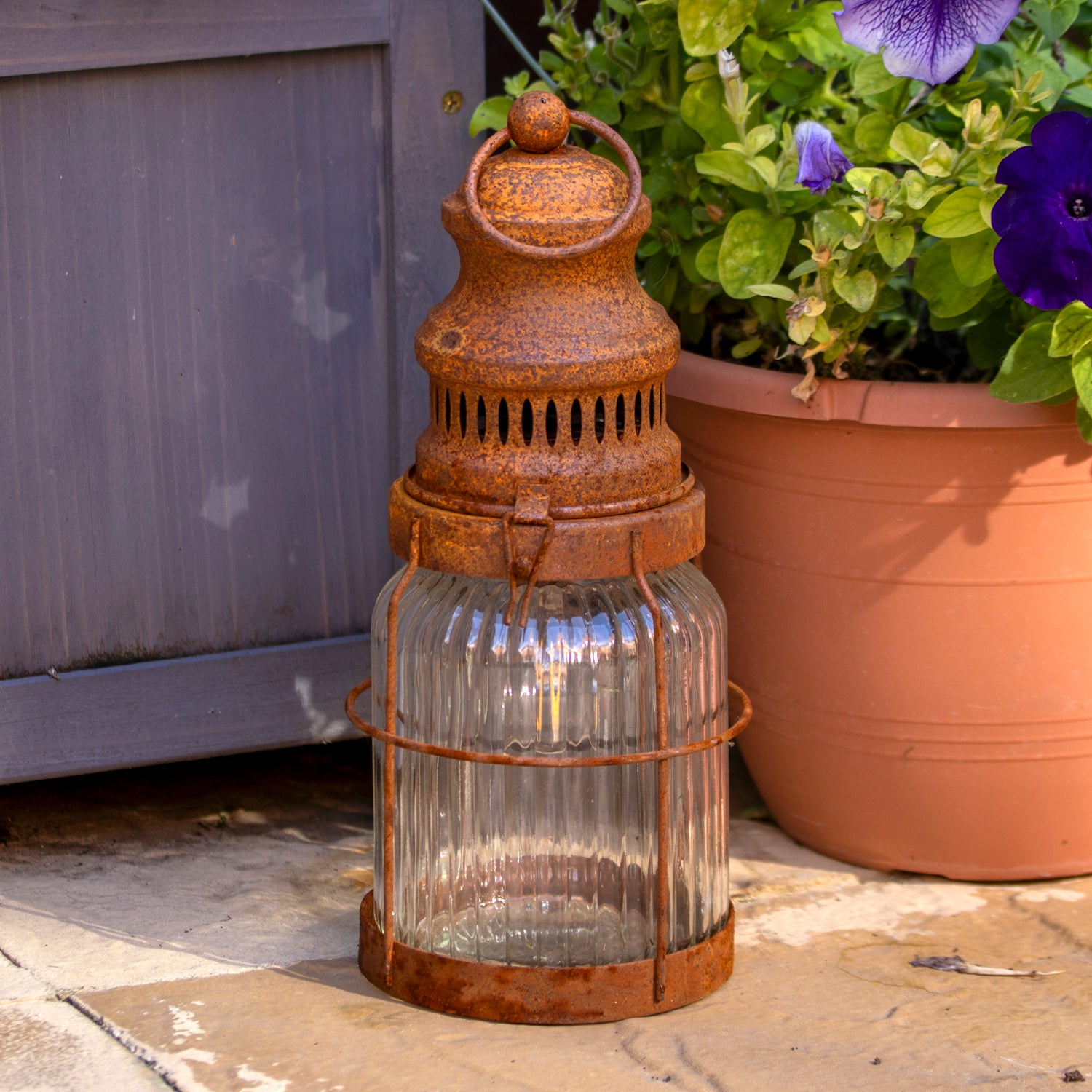 Rusted Ribbed Glass Garden Lantern