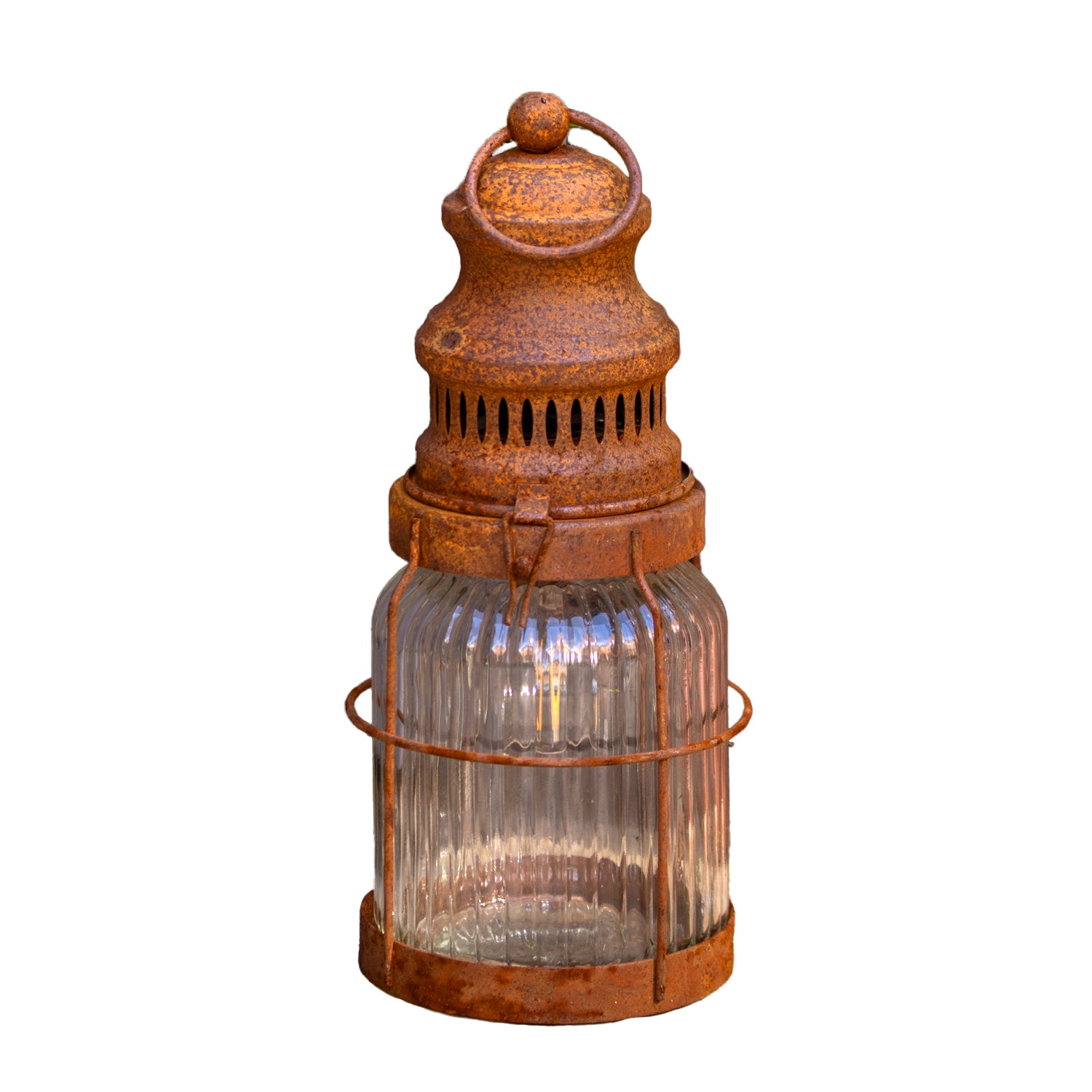 Rusted Ribbed Glass Garden Lantern
