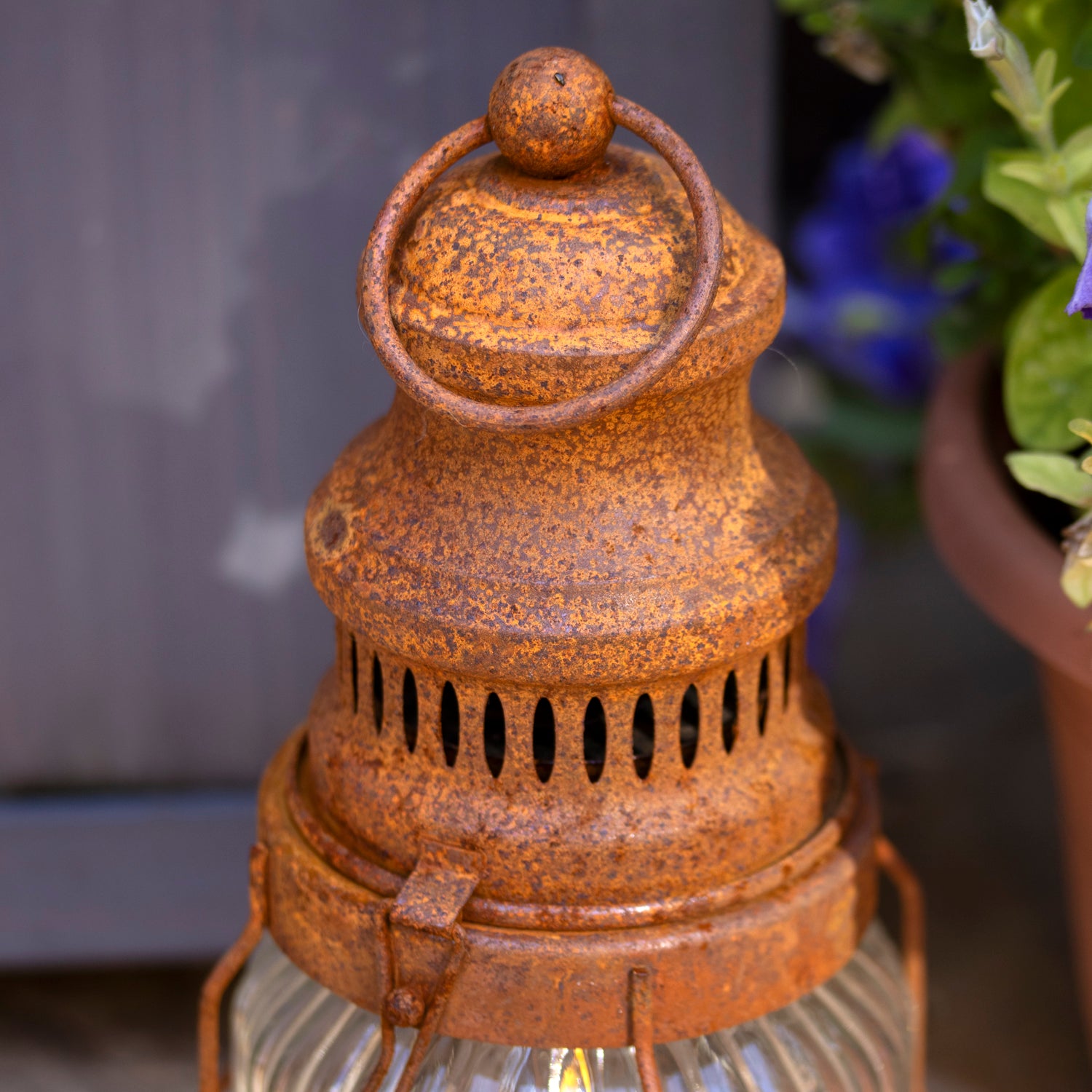 Rusted Ribbed Glass Garden Lantern