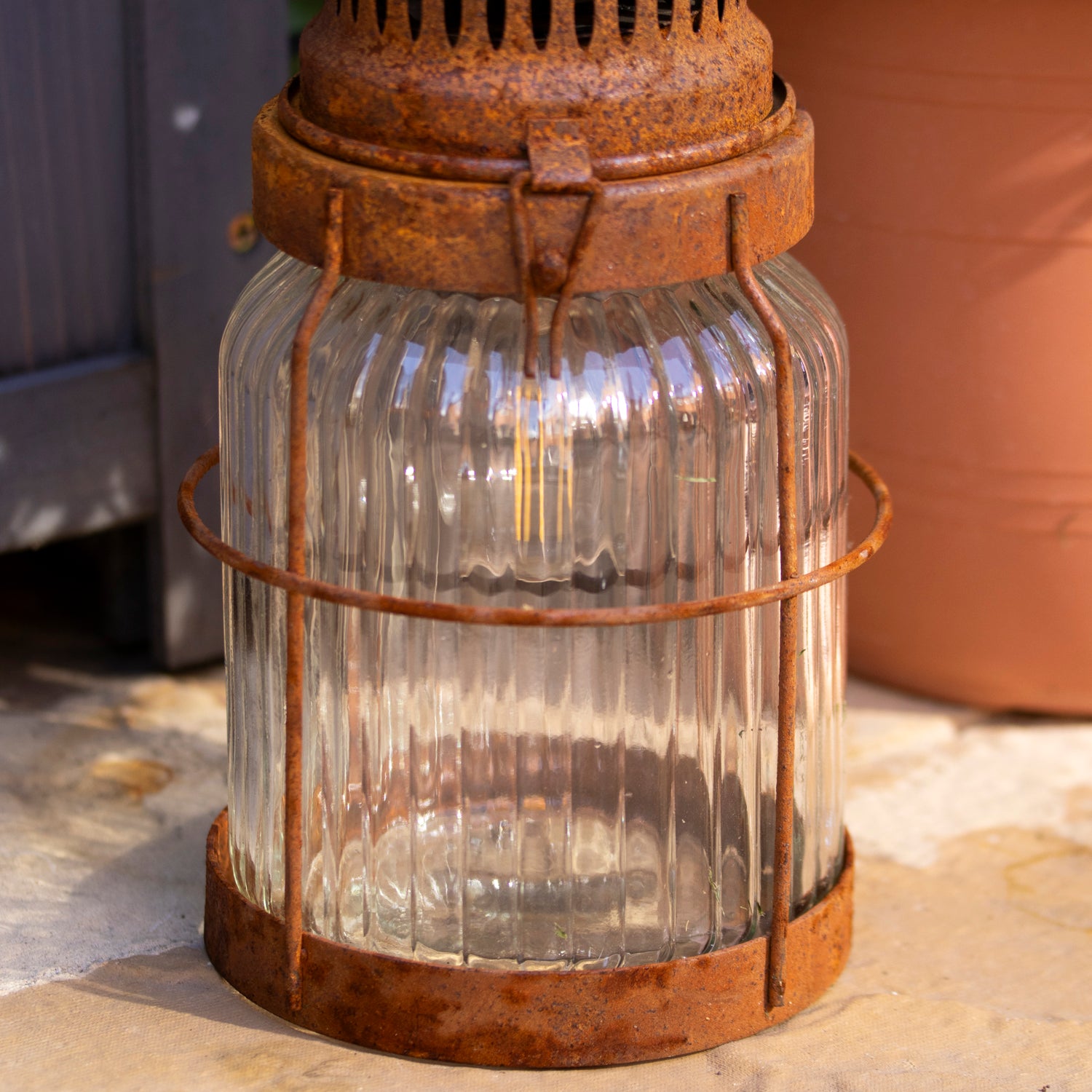 Rusted Ribbed Glass Garden Lantern