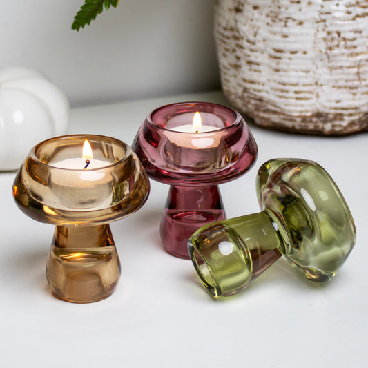 Double Sided Glass Mushroom Candle Holders Set