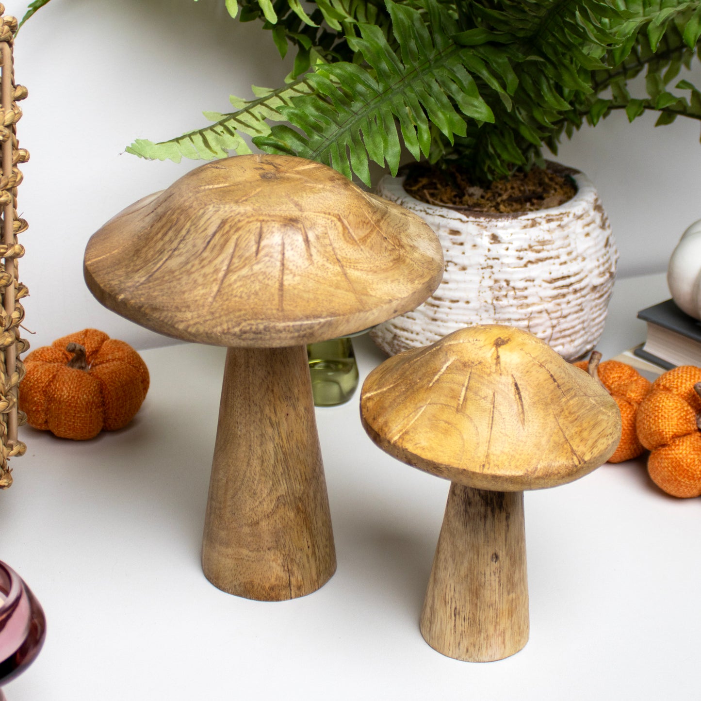 Set Of 2 Natural Wood Mushroom Ornaments