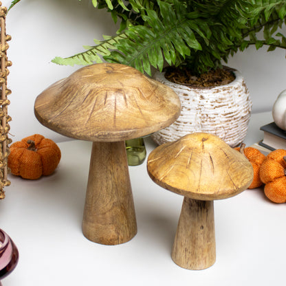 Set Of 2 Natural Wood Mushroom Ornaments