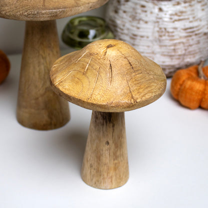 Set Of 2 Natural Wood Mushroom Ornaments