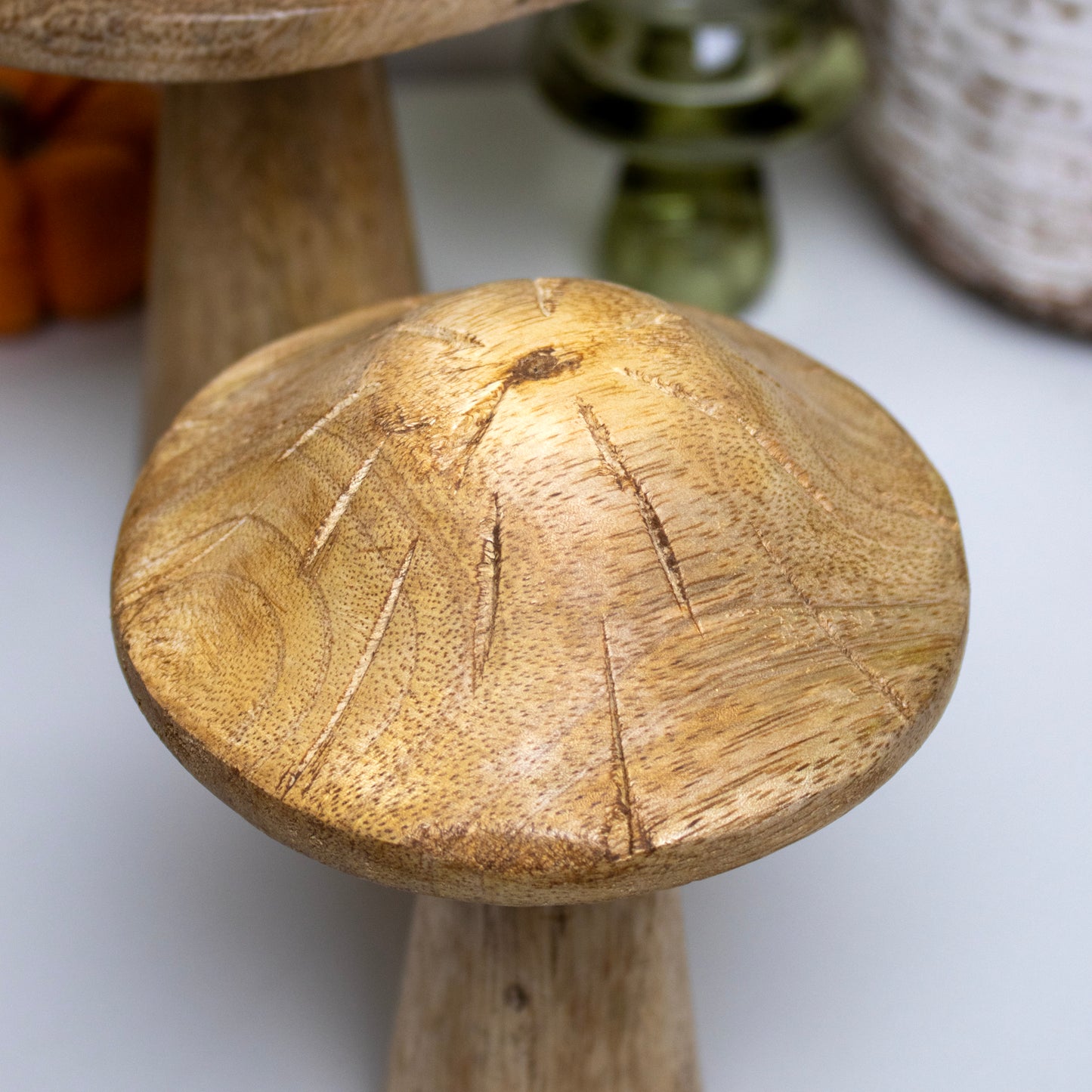 Set Of 2 Natural Wood Mushroom Ornaments