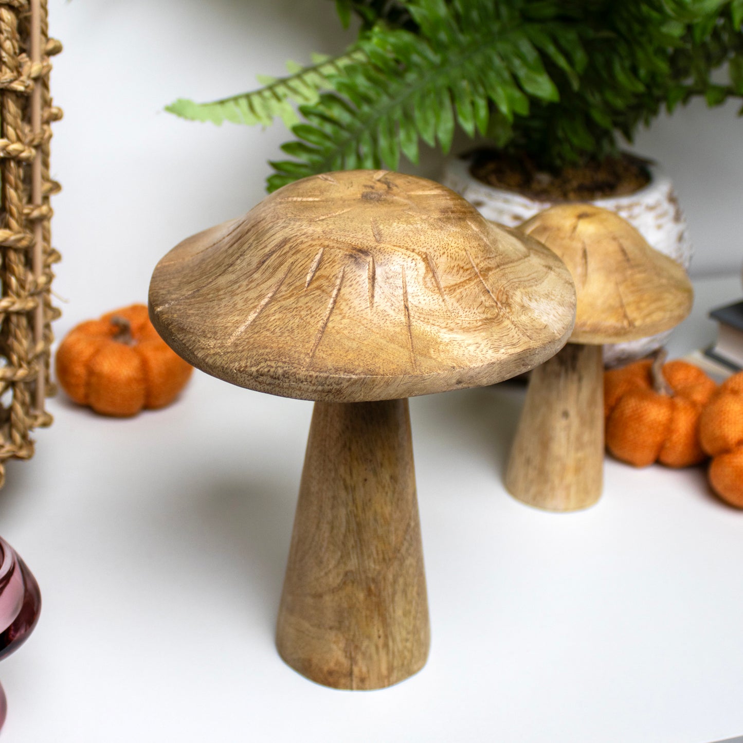 Set Of 2 Natural Wood Mushroom Ornaments