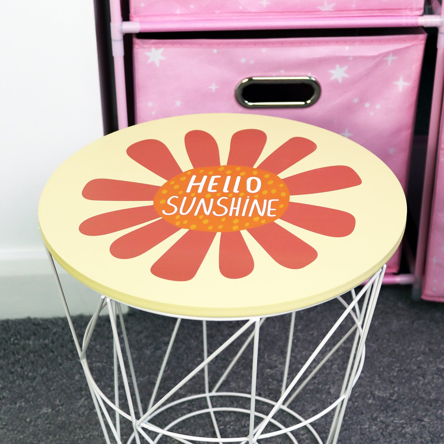 Yellow Hello Sunshine Storage Basket Table