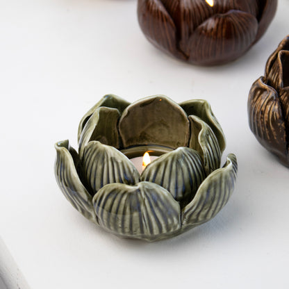 Set Of 4 Ceramic Lotus Flower Tea Light Holders