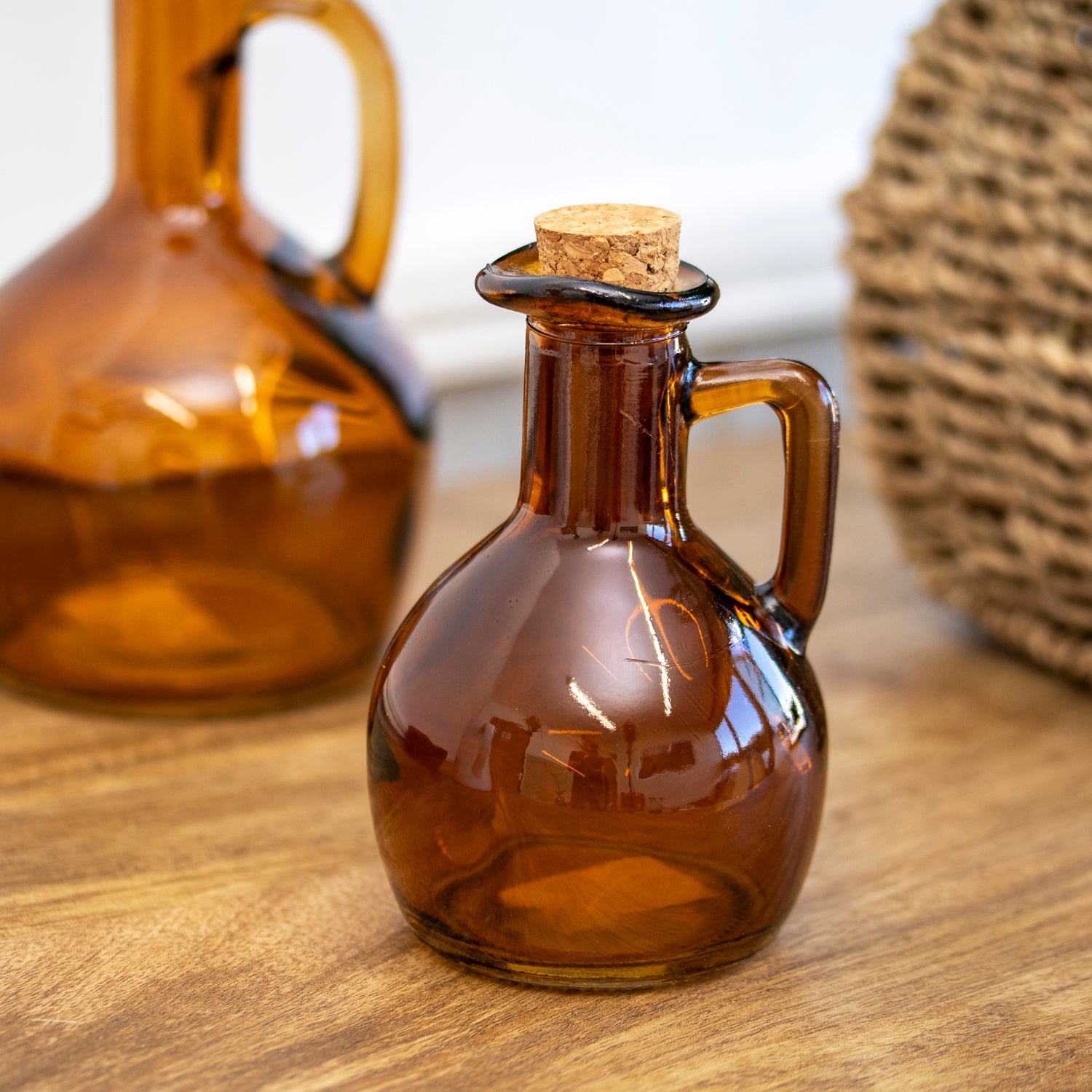 Set of 2 Amber Glass Bottles with Cork Lids