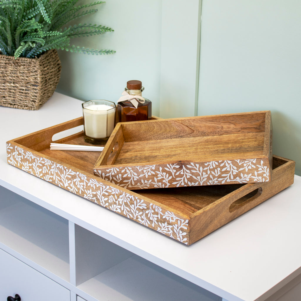 Floral White Wash Mango Wood Serving Tray