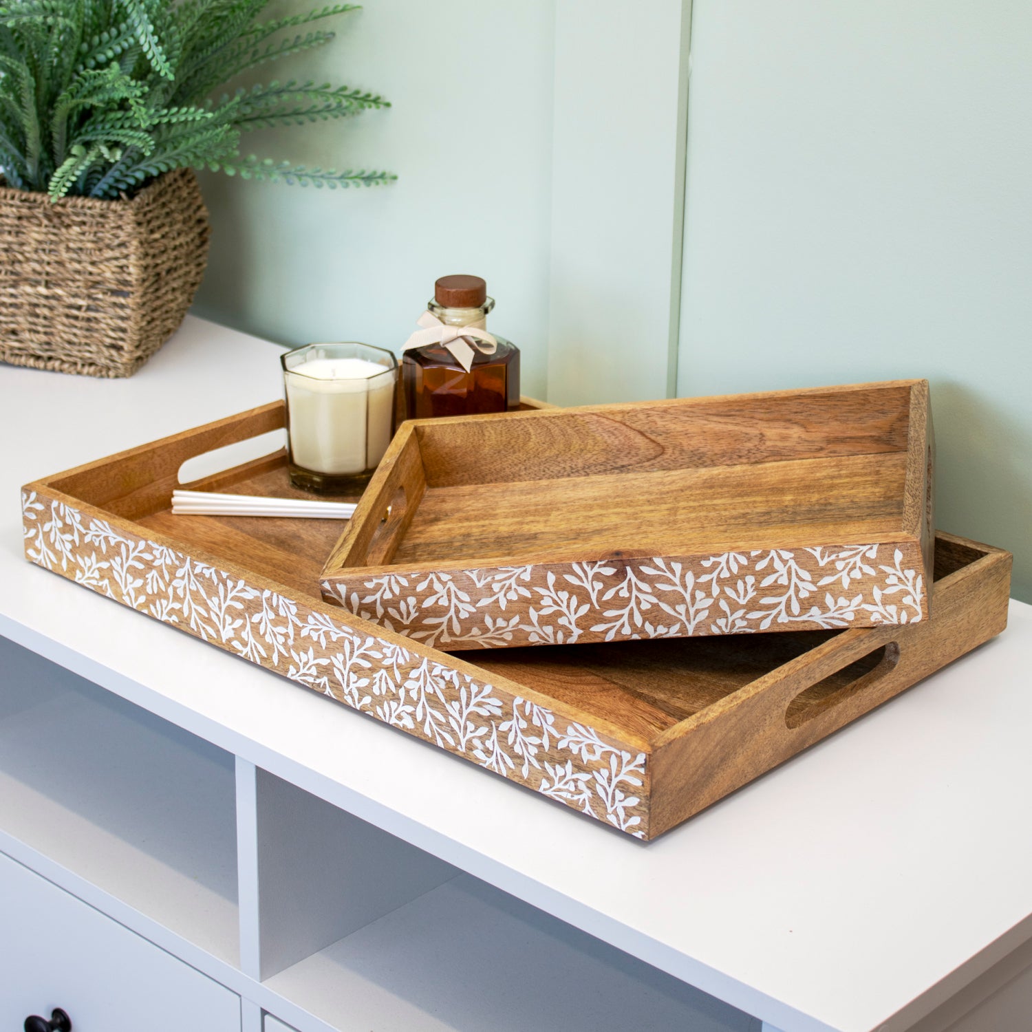 Floral White Wash Mango Wood Serving Tray