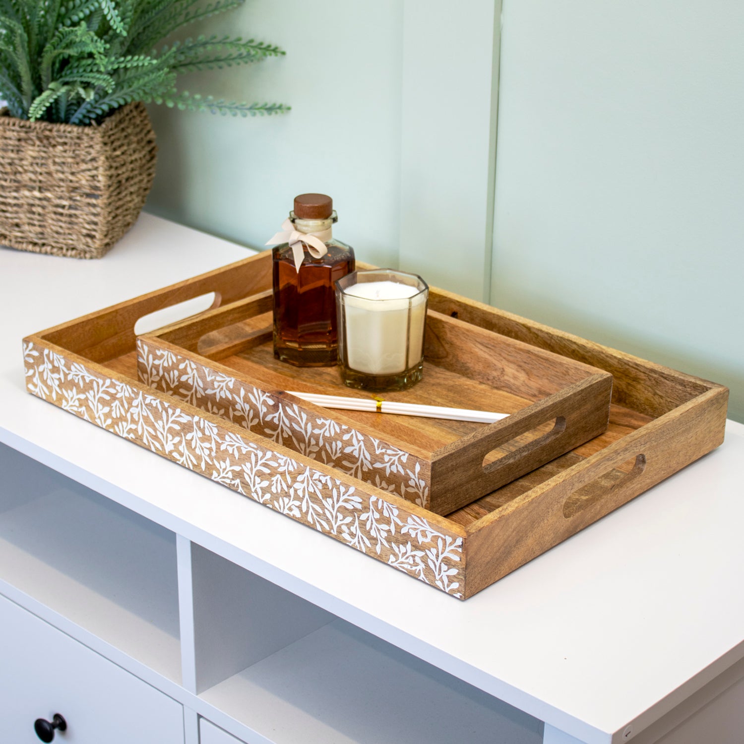 Floral White Wash Mango Wood Serving Tray