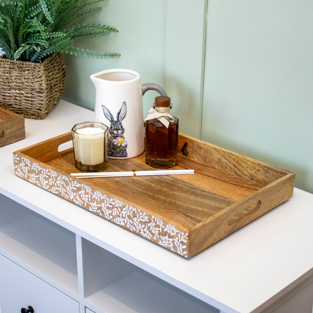 Floral White Wash Mango Wood Serving Tray