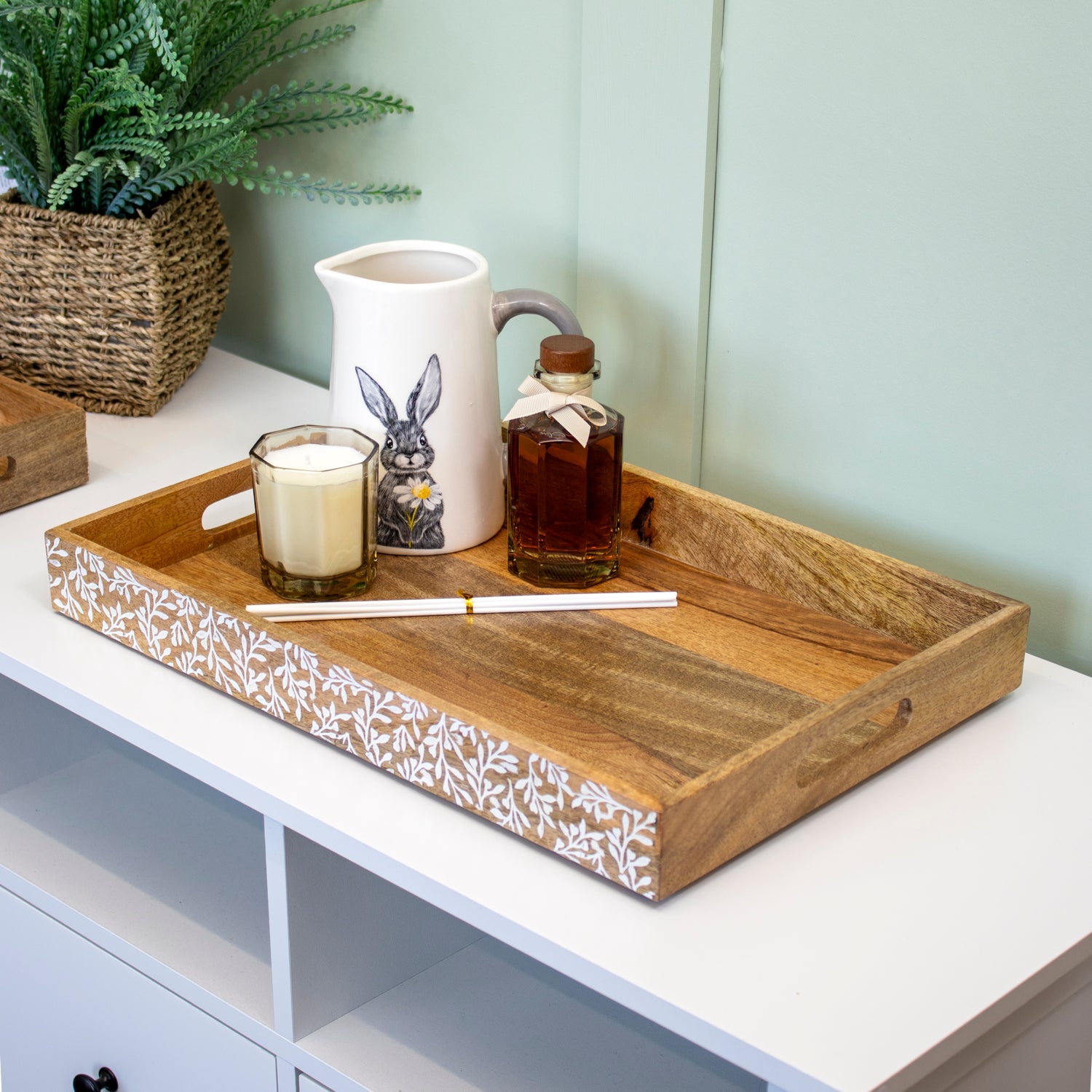 Floral White Wash Mango Wood Serving Tray
