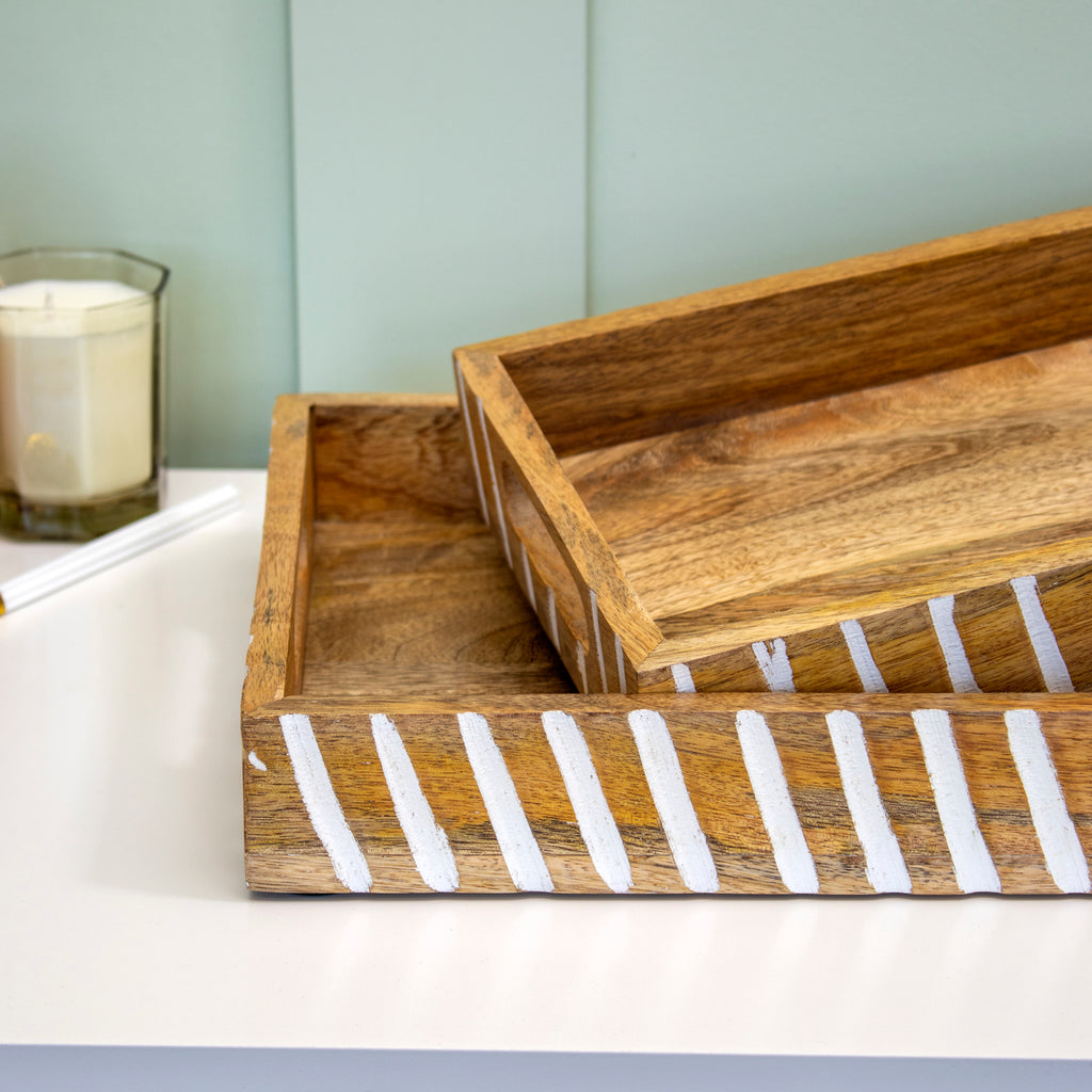 Striped White Wash Mango Wood Serving Tray