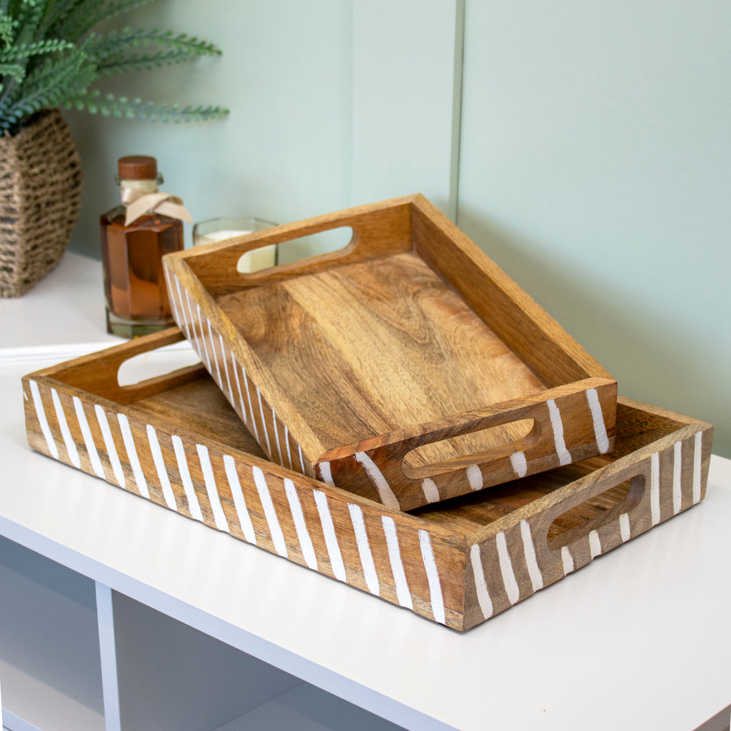 Striped White Wash Mango Wood Serving Tray