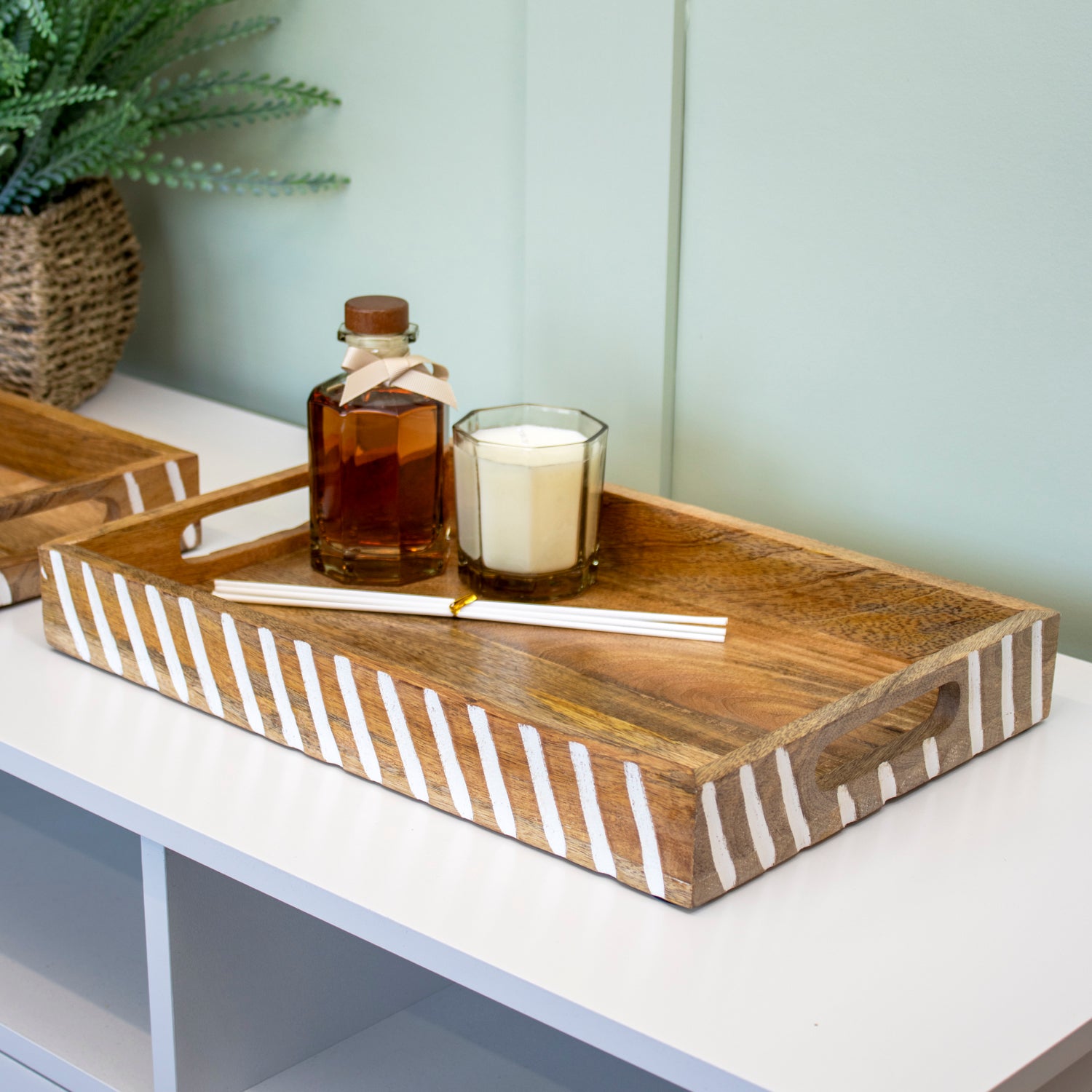 Striped White Wash Mango Wood Serving Tray