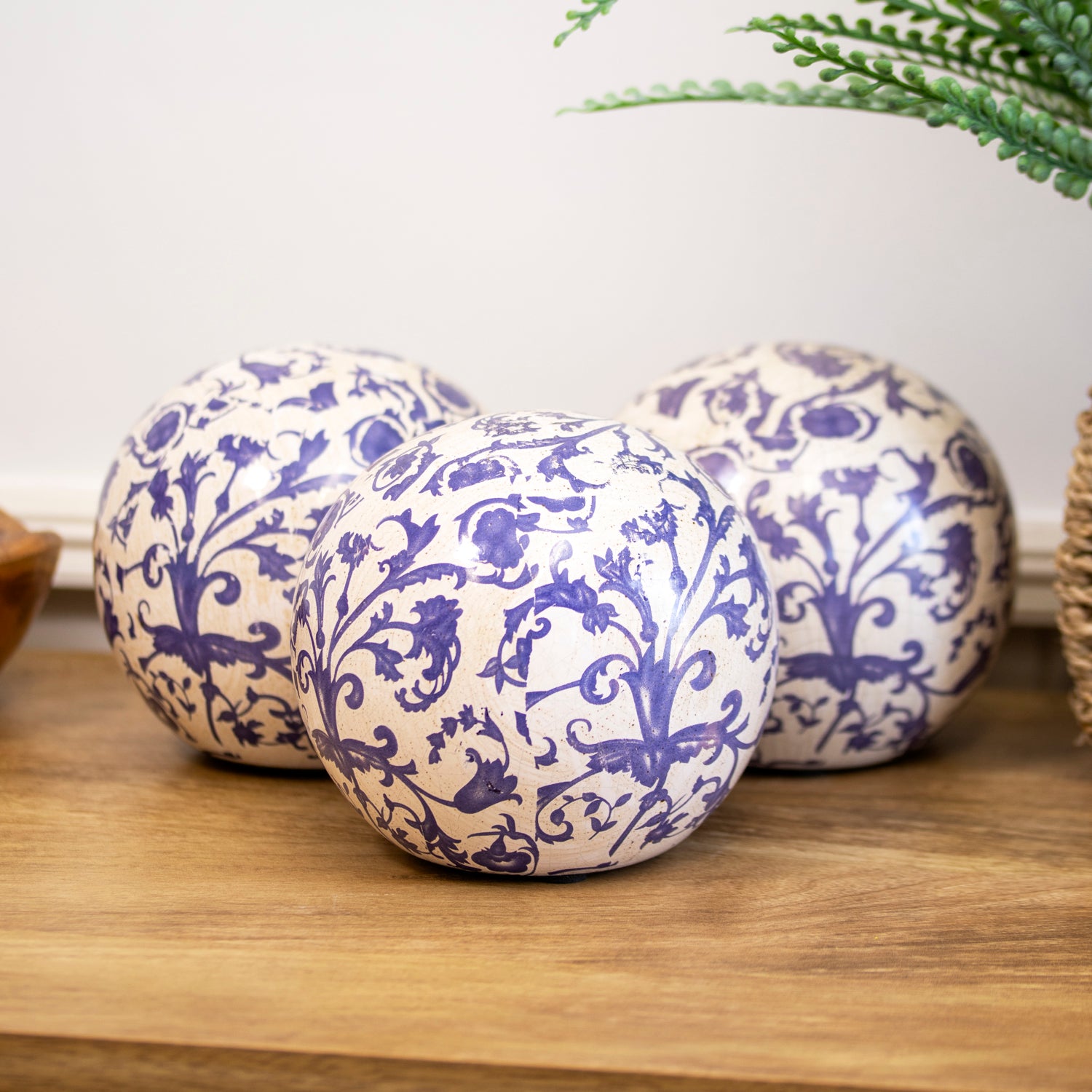 Set Of 3 Scrollwork Crackle Glaze Decorative Balls