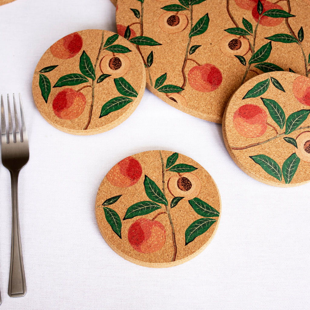 Set Of 4 Peach Tree Cork Placemats and Coasters