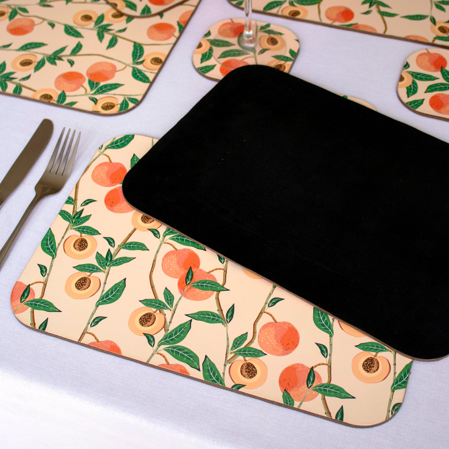 Set Of 4 Velvetback Peach Tree Placemats and Coasters