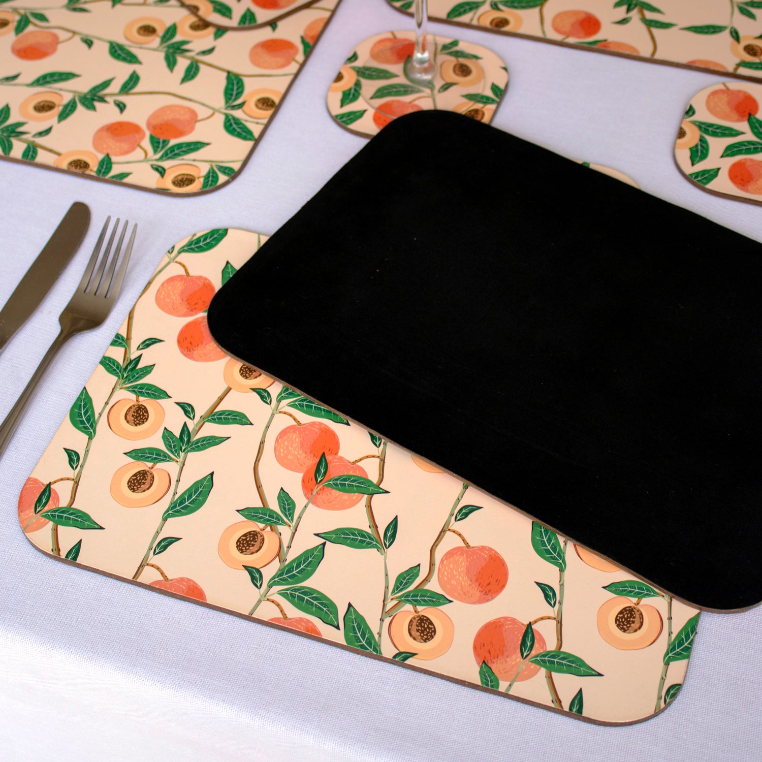 Set Of 4 Velvetback Peach Tree Placemats and Coasters