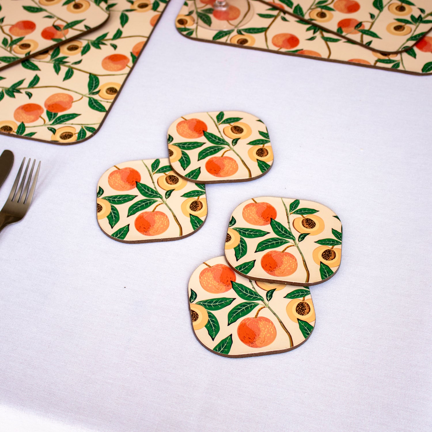 Set Of 4 Velvetback Peach Tree Placemats and Coasters