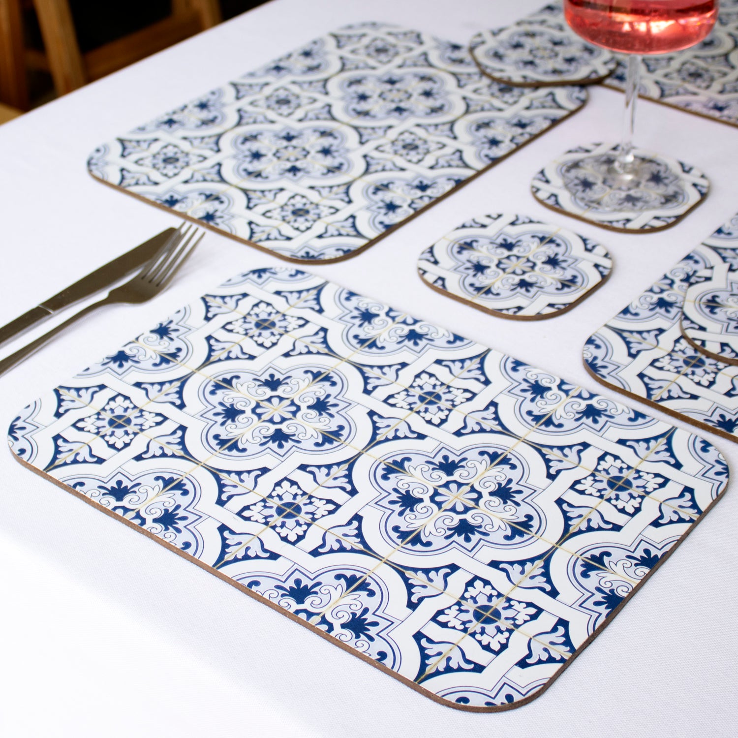 Set Of 4 Mediterranean Tile Velvetback Placemats and Coasters