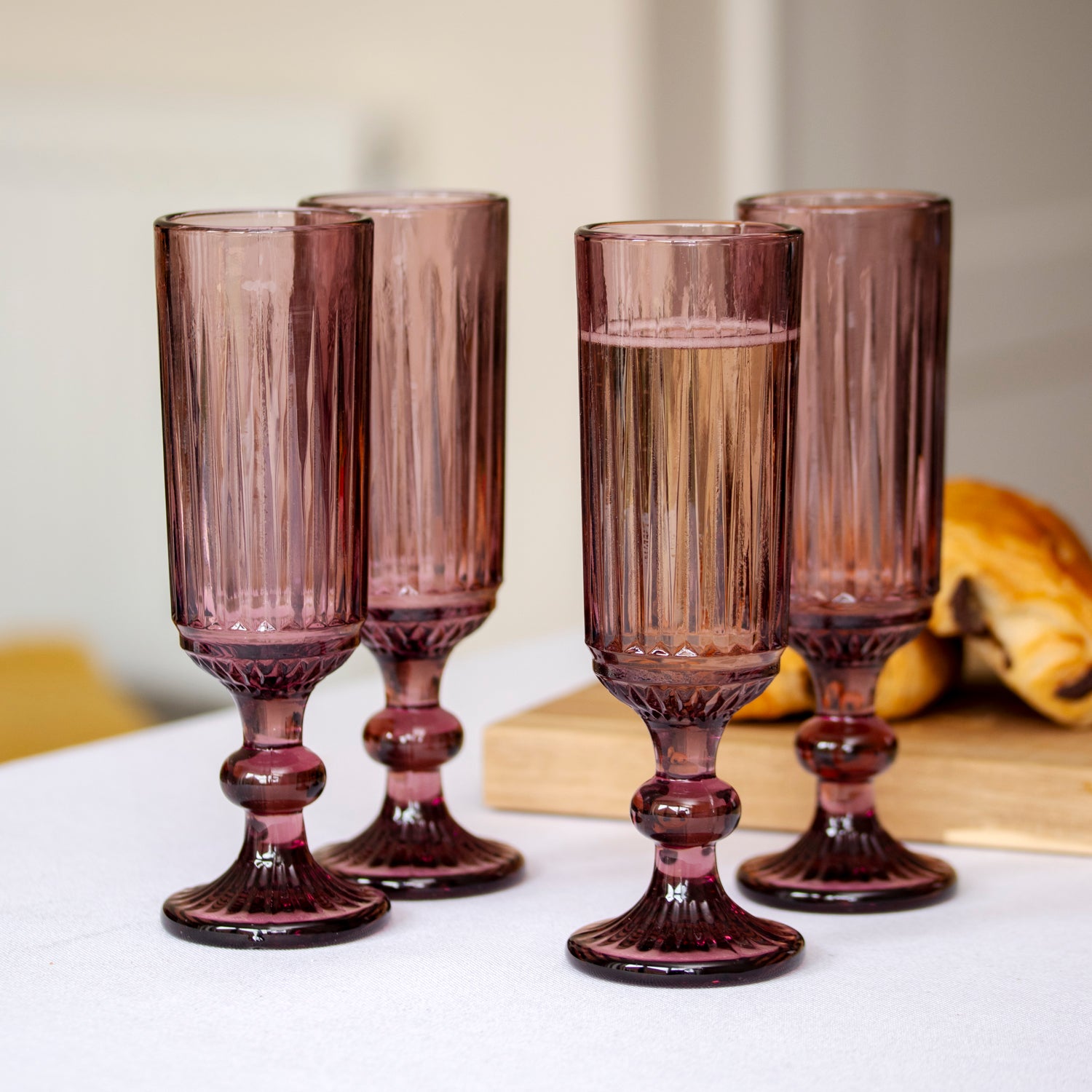 Set Of 4 Ridged Glass Champagne Flutes